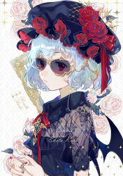 Rule 34 | 1girl, alternate costume, artist name, bat wings, black dress, black hat, blue hair, brooch, chain, character name, commentary request, dress, ekita kuro, fishnets, flower, from side, gem, hat, hat flower, hat ribbon, highres, jewelry, looking at viewer, mob cap, nail polish, neck ribbon, own hands together, parted lips, pink flower, pink rose, puffy short sleeves, puffy sleeves, red eyes, red flower, red nails, red ribbon, red rose, remilia scarlet, ribbon, ring, rose, short sleeves, solo, sunglasses, touhou, upper body, white background, wing collar, wings, yellow-framed eyewear