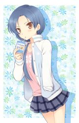Rule 34 | 1girl, alternate hairstyle, bad id, bad pixiv id, blue hair, brown eyes, drinking, drinking straw, hand in pocket, idolmaster, idolmaster (classic), jacket, kisaragi chihaya, komi zumiko, long hair, looking at viewer, open clothes, open jacket, skirt, solo, twintails