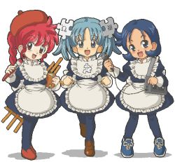 Rule 34 | 3girls, :d, apron, art brush, beret, blue dress, blue eyes, blue hair, blue legwear, blush, braid, child, clenched hand, commons, commons-tan, cross-laced footwear, dress, easel, flat chest, flipped hair, freckles, frilled apron, frills, hair ornament, happy, hat, head tilt, holding, jaggy lines, kasuga (kasuga39), leg lift, lineup, loafers, long hair, long sleeves, looking at viewer, maid, maid apron, matching hair/eyes, microphone, multiple girls, oekaki, open mouth, os-tan, paintbrush, pantyhose, parted bangs, pigeon-toed, puzzle piece, quote-tan, quote (wiki), red eyes, red hair, shadow, shoes, short dress, short hair, short twintails, simple background, sleeve cuffs, smile, sneakers, standing, strap, twintails, waist apron, white background, wikipe-tan, wikipedia