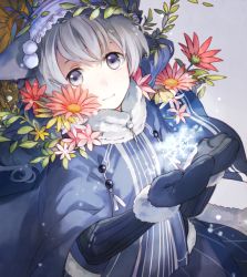 Rule 34 | 1girl, asahikawa hiyori, blue cape, blue eyes, blue gloves, blue skirt, cape, closed mouth, flower, fur trim, gloves, grey background, hat, long sleeves, looking at viewer, mittens, original, pale skin, short hair, silver hair, simple background, skirt, smile, snowflakes, solo, tareme, upper body