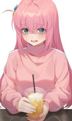 Rule 34 | 1girl, aqua eyes, bocchi the rock!, cube hair ornament, cup, disposable cup, drink, gotoh hitori, hachinatsu, hair ornament, highres, holding, holding cup, ice, ice cube, jacket, long hair, long sleeves, looking at viewer, nervous smile, open clothes, pink hair, pink jacket, shaded face, simple background, smile, solo, sweatdrop, track jacket, upper body, very long hair, white background