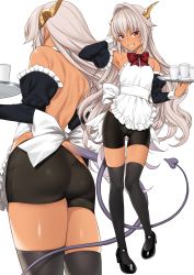 Rule 34 | 1girl, absurdres, apron, ass, bare back, bike shorts, black footwear, black thighhighs, cup, dark-skinned female, dark skin, detached sleeves, dragon girl, dragon horns, dragon tail, enjo kouhai, grey hair, grin, hair intakes, highres, horns, long hair, looking at viewer, maid, mary janes, shoes, simple background, smile, solo, tail, takunomi, thighhighs, tray, ursula (takunomi), white apron, white background