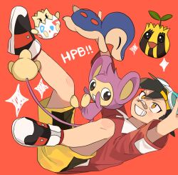 Rule 34 | 1boy, aipom, backwards hat, bandaid, bandaid on face, bandaid on nose, brown eyes, creatures (company), cyndaquil, ethan (pokemon), game freak, gen 2 pokemon, goggles, goggles on headwear, grin, hat, highres, jacket, knees, male focus, momotose (hzuu xh4), nintendo, no humans, orange background, outstretched arms, pokemon, pokemon (creature), pokemon adventures, red jacket, shoes, short hair, shorts, smile, sparkle, sunkern, teeth, togepi, yellow shorts
