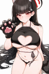 Rule 34 | 1girl, absurdres, alternate costume, animal ears, animal hands, bare shoulders, black bra, black hair, black halo, blue archive, blush, bra, breasts, cat ears, cat lingerie, cleavage cutout, closed mouth, clothing cutout, collarbone, commentary, cropped legs, fake animal ears, gloves, hair ornament, hairpin, halo, hand up, heart cutout, highres, large breasts, long hair, meme attire, mochirong, navel, paw gloves, red eyes, rio (blue archive), seiza, simple background, sitting, solo, stomach, sweat, thighs, underwear, very long hair, white background