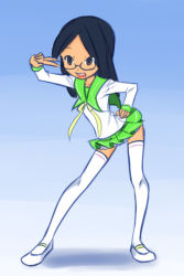 Rule 34 | 1girl, black hair, blue background, bow, bowtie, braces, brown eyes, collarbone, drantyno, glasses, gradient background, green skirt, hand on own hip, long hair, long sleeves, looking at viewer, open mouth, school uniform, shirt, shoes, skirt, smile, standing, teeth, thighhighs, v, white footwear, white shirt, white thighhighs, yellow bow, yellow bowtie