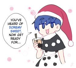 Rule 34 | 1girl, black capelet, blue eyes, blue hair, capelet, commentary, cup, doremy sweet, dress, hat, holding, holding cup, khylimei, nightcap, open mouth, pom pom (clothes), short hair, simple background, thick eyebrows, touhou, upper body