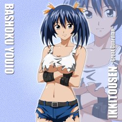 Rule 34 | 00s, 1girl, bashoku youjou, belt, blue hair, breasts, crossed arms, grey eyes, ikkitousen, midriff, navel, solo, torn clothes, twintails, underboob