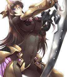 Rule 34 | 1girl, alternate costume, arched back, armor, armpits, bare shoulders, blush, bodysuit, breasts, brown hair, covered erect nipples, covered navel, cowboy shot, detached sleeves, faulds, female focus, finger on trigger, fortified suit, from side, gauntlets, greaves, gun, haganef, hair between eyes, hair intakes, headgear, holding, holding sword, holding weapon, impossible clothes, large breasts, legs apart, long hair, looking at viewer, muv-luv, muv-luv alternative, muv-luv total eclipse, narrow waist, navel, nipples, open mouth, parted bangs, parted lips, pilot suit, purple eyes, see-through, simple background, skin tight, solo, standing, sword, takamura yui, underboob, very long hair, weapon, white background, wide hips