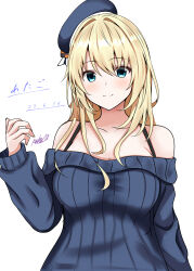 Rule 34 | 1girl, abataa, absurdres, alternate costume, atago (kancolle), bare shoulders, beret, blonde hair, blue eyes, blue hat, blue sweater, blush, breasts, character name, cleavage, dated, hat, highres, kantai collection, large breasts, long hair, looking at viewer, off-shoulder sweater, off shoulder, one-hour drawing challenge, ribbed sweater, signature, simple background, smile, solo, sweater, upper body, white background