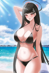 Rule 34 | 1girl, alternate costume, arm behind head, armpits, beach, bikini, black bikini, black hair, blue archive, blue sky, blunt bangs, blurry, breasts, cleavage, cloud, cloudy sky, collarbone, commentary request, depth of field, halo, highres, large breasts, long hair, looking at viewer, mountainous horizon, navel, nersiyan, outdoors, red eyes, rio (blue archive), sidelocks, sky, sleeveless, solo, spaghetti strap, stomach, sunlight, swimsuit
