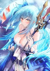 Rule 34 | 1girl, angelfish, azur lane, blue dress, blue gloves, blue hair, blue nails, breasts, bridal gauntlets, cleavage, dress, earrings, fish, gloves, halter dress, halterneck, highres, holding, holding polearm, holding weapon, jewelry, kaji zarame, large breasts, long dress, long hair, looking at viewer, nail polish, neptune (azur lane), neptune (nereid&#039;s invitation) (azur lane), official alternate costume, polearm, single bridal gauntlet, single glove, solo, trident, tropical fish, underwater, very long hair, weapon, yellow eyes