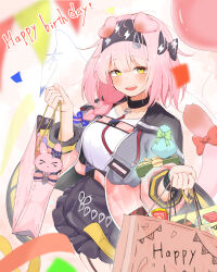 Rule 34 | 1girl, absurdres, animal ears, arknights, bag, balloon, black bow, black collar, black hairband, black skirt, blue bow, blush, bow, braid, cat ears, cat girl, cat tail, character doll, choshanland plushy (arknights), collar, cowboy shot, floppy ears, garter straps, goldenglow (arknights), hair bow, hairband, happy birthday, high-waist skirt, highres, holding, holding bag, lightning bolt print, long hair, open mouth, pcaccount13, pink hair, print bow, print hairband, red bow, shirt, shirt tucked in, shopping bag, skirt, solo, string of flags, stuffed animal, stuffed rabbit, stuffed toy, tail, tail bow, tail ornament, teeth, upper teeth only, white shirt, yellow eyes