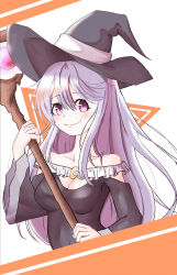 Rule 34 | 1girl, absurdres, bare shoulders, breasts, cleavage, fire emblem, fire emblem: genealogy of the holy war, halloween, hat, highres, holding, holding staff, julia (fire emblem), long hair, looking at viewer, medium breasts, nintendo, poaa 20, purple eyes, purple hair, simple background, smile, solo, staff, witch, witch hat