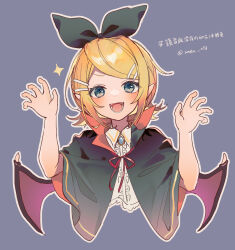 Rule 34 | 1girl, absurdres, bat wings, black bow, black capelet, blonde hair, blouse, blue eyes, blue gemstone, bow, brooch, capelet, collared capelet, fangs, frilled shirt, frills, gem, hair bow, high collar, highres, jewelry, kagamine rin, looking at viewer, mini wings, monster girl, pointy ears, sazanami (ripple1996), shirt, solo, swept bangs, vampire, vocaloid, wings