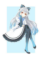 Rule 34 | 1girl, absurdres, aqua background, black bow, black pantyhose, blue bow, blue footwear, blue stripes, bow, bowtie, brs--wrs, buttons, crossed legs, dress, elbow gloves, footwear bow, frilled dress, frilled skirt, frills, full body, girls&#039; frontline, gloves, grey hair, hair bow, hand on own thigh, head rest, high heels, highres, invisible chair, light smile, long hair, looking at viewer, pantyhose, partially fingerless gloves, pumps, red eyes, shoes, simple background, sitting, skirt, solo, striped bow, striped clothes, striped gloves, striped pantyhose, tokarev (girls&#039; frontline), vertical-striped clothes, vertical-striped gloves, vertical-striped pantyhose, very long hair, white dress