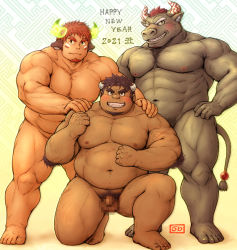 Rule 34 | 2021, 3boys, abs, animal ears, bara, blush, brown eyes, brown hair, censored, chest hair, chinese zodiac, completely nude, convenient arm, cow boy, cow ears, cow horns, cow tail, dark-skinned male, dark skin, facial hair, fat, fat man, fiery horns, flaccid, forked eyebrows, full body, furry, furry male, glowing horns, goatee, gyumao (housamo), hands on another&#039;s shoulders, happy new year, horns, large pectorals, male focus, male pubic hair, minotaur, mohawk, mosaic censoring, multiple boys, muscular, muscular male, navel, new year, nipples, nude, od (odn ya 2), pectorals, penis, pubic hair, red hair, scar, scar on face, scar on nose, short hair, sideburns, smile, spiked hair, standing, stomach, tail, tetsuox (housamo), thick eyebrows, thick thighs, thighs, tokyo houkago summoners, wakan tanka, year of the ox