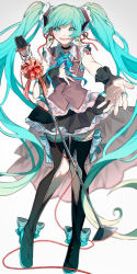 Rule 34 | 1girl, adapted costume, ankle ribbon, aqua hair, argyle, argyle clothes, argyle cutout, bad id, bad pixiv id, bare arms, black choker, black footwear, black skirt, blue eyes, blue ribbon, boots, bow, cable, choker, clothing cutout, collared shirt, contrapposto, dot nose, floral bow, frilled choker, frilled shirt collar, frilled thighhighs, frills, full body, glint, gradient background, grey background, hair ribbon, hand on own chest, happy, hatsune miku, jewelry, knee cutout, knees together feet apart, layered skirt, leg ribbon, long hair, looking at viewer, microphone, microphone stand, neck ribbon, number tattoo, open mouth, outstretched hand, red bow, red ribbon, ribbon, ribbon legwear, ring, shirt, shoulder tattoo, simple background, skirt, smile, solo, spike (fluffyspiky), standing, striped bow, striped ribbon, tareme, tattoo, teeth, thigh boots, thighhighs, twintails, upper teeth only, very long hair, vocaloid, waist cape, waistcoat, white background, wrist cuffs, zettai ryouiki
