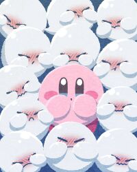 Rule 34 | :o, blue background, blue eyes, blush, blush stickers, boo (mario), closed mouth, commentary request, covering face, frown, full-face blush, full body, ghost, highres, kirby, kirby (series), looking at viewer, mario (series), miclot, nintendo, no humans, parted lips, pink footwear, shoes, shy, wavy mouth