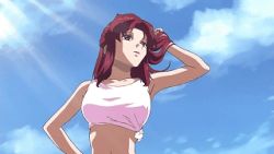 Rule 34 | 1girl, animated, animated gif, bouncing breasts, breasts, cleavage, cloud, flay allster, gundam, gundam seed, lowres, red hair, sky, smile, tank top