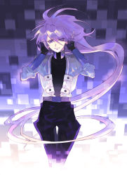 1990s_(style) 1boy ahoge anpan-nu bad_id bad_pixiv_id belt coat fingerless_gloves gloves highres long_hair male_focus pants purple_eyes purple_hair retro_artstyle signal_(twin_signal) smile solo twin_signal