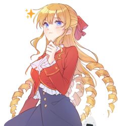 Rule 34 | 1girl, blonde hair, blue eyes, bow, buttons, claire francois, diamond button, drill hair, frills, hair bow, hand on own chin, highres, jacket, long hair, long sleeves, raeclairex, red bow, school uniform, simple background, skirt, smile, solo, sparkle, watashi no oshi wa akuyaku reijou, white background