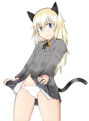Rule 34 | 1girl, animal ears, black ribbon, blonde hair, blue eyes, cat ears, cat tail, closed mouth, clothes lift, commentary, cowboy shot, crotch seam, grey jacket, helma lennartz, highres, jacket, jacket lift, lifting own clothes, long hair, looking at viewer, neck ribbon, no pants, panties, ribbon, simple background, smile, solo, standing, strike witches: suomus misfits squadron, tail, tanaka rikimaru, underwear, white background, white panties, world witches series