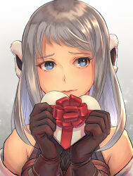 Rule 34 | arciela v adoulin, blue eyes, bonnet, bow, brown gloves, cactus41747280, candy, chocolate, chocolate heart, detached sleeves, embarrassed, food, gloves, grey hair, heart, medium hair, red bow, red ribbon, ribbon, valentine