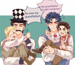 Rule 34 | 4boys, anger vein, battle tendency, black hair, blonde hair, blue hair, brown hair, carrying, carrying person, checkered clothes, checkered headwear, child, facial hair, facial mark, flying sweatdrops, grandfather and grandson, green eyes, hat, highres, jojo no kimyou na bouken, male focus, multiple boys, mustache, phantom blood, sweatdrop, top hat, will anthonio zeppeli, zhoujo51