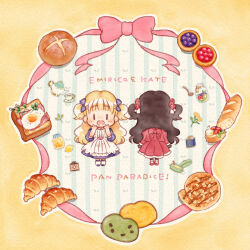 Rule 34 | 2girls, apron, arms at sides, arms up, baguette, black hair, blonde hair, blue bow, blue dress, blue eyes, blueberry tart, boots, bow, bowtie, bread, bread slice, character name, chibi, collared dress, cooking pot, croissant, cup, dress, drooling, emilico (shadows house), flower, food, fried egg, fried egg on toast, fruit, fruit tart, glass, hair bow, hair flower, hair ornament, happy, highres, jacket, jam, jar, kate (shadows house), lace-trimmed apron, lace trim, lemon, living doll uniform, long hair, looking at viewer, multiple girls, open mouth, pink bow, pink ribbon, piru oka, red bow, red bowtie, red dress, red flower, red footwear, red jacket, ribbon, shadows house, side-by-side, socks, soup, standing, striped, striped background, tart (food), tea, tea set, teacup, teapot, toast, two side up, vertical stripes, white footwear, white socks, wooden spoon, yellow background, yellow flower