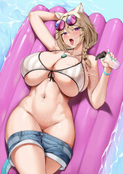 Rule 34 | 1girl, absurdres, animal ear fluff, animal ears, arknights, bare shoulders, bikini, blonde hair, blush, bracelet, braid, breasts, cleavage, collarbone, day, denim, eyewear on head, hair ornament, hairclip, highres, huge breasts, jewelry, jingb dx, long hair, looking at viewer, lube, lying, multicolored hair, navel, official alternate costume, on back, open mouth, purple eyes, short hair, short shorts, shorts, skindentation, smile, solo, stomach, sunglasses, sweat, swimsuit, tail, thighs, tinted eyewear, tongue, utage (arknights), utage (summer flowers) (arknights), water, wet, white bikini, x hair ornament