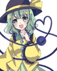 Rule 34 | 1girl, :d, black hat, bow, finger to mouth, frilled shirt collar, frilled sleeves, frills, green eyes, green hair, green skirt, hair between eyes, hat, hat bow, heart, heart of string, highres, index finger raised, komeiji koishi, long sleeves, looking at viewer, nauka, open mouth, shirt, short hair, simple background, skirt, smile, solo, third eye, touhou, white background, yellow bow, yellow shirt