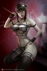 Rule 34 | black bra, black gloves, black panties, black thighhighs, bra, breasts, broken mirror, dagger, earrings, fingerless gloves, gloves, gold earrings, gold hairband, hairband, hand on own hip, holding, holding dagger, holding knife, holding weapon, jewelry, knife, large breasts, lingerie, lips, mirror, navel, olesyaspitz, pale skin, panties, parted lips, red eyes, reflection, reverse grip, see-through, short hair with long locks, spy x family, thighhighs, underwear, weapon, yor briar