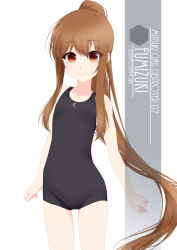 Rule 34 | 1girl, artist name, black one-piece swimsuit, brown eyes, brown hair, character name, collarbone, cowboy shot, crescent moon symbol, eyes visible through hair, flat chest, fumizuki (kancolle), hair between eyes, highres, inaba shiki, kantai collection, long hair, looking at viewer, new school swimsuit, one-hour drawing challenge, one-piece swimsuit, ponytail, school swimsuit, simple background, smile, solo, standing, swimsuit, white background