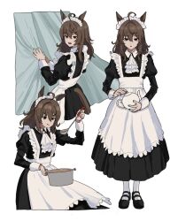 Rule 34 | 1girl, ahoge, alternate costume, animal ears, apron, ascot, black footwear, black gloves, brown eyes, brown hair, closed mouth, clothing cutout, collared dress, cooking pot, curtains, dress, enmaided, flat chest, gloves, highres, holding, holding ladle, holding teapot, horse ears, horse girl, horse tail, juliet sleeves, ladle, licking lips, long hair, long skirt, long sleeves, maid, maid apron, maid headdress, mary janes, mob trainer, multiple views, nakayama festa (umamusume), open mouth, pantyhose, parted lips, puffy sleeves, shoes, skirt, smile, solo, standing, tail, tail through clothes, teapot, tongue, tongue out, umamusume, white pantyhose
