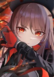 Rule 34 | 1girl, beret, black gloves, black hat, black jacket, black shirt, blood, blood on face, brown hair, closed mouth, collared shirt, cropped jacket, gloves, goddess of victory: nikke, hair between eyes, hat, highres, jacket, long hair, looking at viewer, necktie, orange eyes, rapi (nikke), red gloves, red jacket, red necktie, shirt, solo, two-sided fabric, two-sided jacket, two-tone gloves, upper body, yusayusays