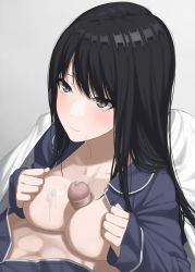 Rule 34 | 1girl, black hair, blue shirt, blush, breasts, breasts squeezed together, brown eyes, censored, collarbone, cum, cum on body, cum on breasts, cum on upper body, grey background, hetero, highres, kaminari doon, large breasts, long hair, long sleeves, mosaic censoring, open clothes, open shirt, original, paizuri, penis, shirt, simple background