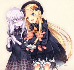 Rule 34 | 2girls, :d, abigail williams (fate), bags under eyes, beige background, black bow, black dress, black hat, blonde hair, bloomers, blue eyes, blush, bow, bug, butterfly, closed mouth, commentary request, dress, eye contact, fate/grand order, fate (series), hair bow, hands in opposite sleeves, hat, horns, hugging object, insect, kubyou azami, lavinia whateley (fate), long hair, long sleeves, looking at another, looking at viewer, multiple girls, open mouth, orange bow, own hands together, parted bangs, pink eyes, polka dot, polka dot bow, simple background, single horn, smile, stuffed animal, stuffed toy, teddy bear, underwear, very long hair, white bloomers, wide-eyed