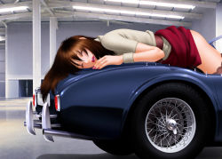Rule 34 | 1girl, ac cobra, blush, breasts, brown hair, car, closed eyes, clothes lift, convertible, indoors, lipstick, long hair, lying, makeup, motor vehicle, nail polish, on stomach, on vehicle, open mouth, original, skirt, skirt lift, solo, thighhighs, vehicle, what, yui toshiki