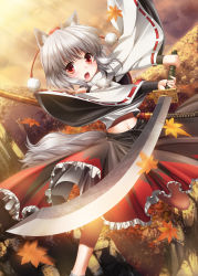 Rule 34 | 1girl, :o, animal ears, autumn, blush, detached sleeves, female focus, flying, forest, hat, highres, inubashiri momiji, katana, kei kei, leaf, maple leaf, midriff, nature, navel, open mouth, red eyes, shirt, short hair, silver hair, skirt, solo, sword, tail, touhou, weapon, wide sleeves, wolf ears, wolf tail