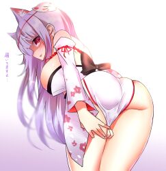 Rule 34 | 1girl, animal ear fluff, animal ears, ass, ass focus, bare shoulders, blush, breasts, clothes pull, detached sleeves, extra ears, fox ears, fox girl, fox mask, from behind, gradient background, highres, indie virtual youtuber, japanese clothes, kamishiro natsume, kimono, kimono pull, kitsune, large breasts, long hair, looking at viewer, looking back, mask, mask on head, neit ni sei, purple hair, red eyes, solo, translation request, virtual youtuber, white background, yandere