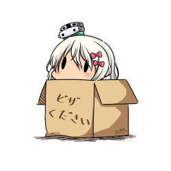 Rule 34 | 1girl, bow, box, cardboard box, dated, grecale (kancolle), hair ornament, hairclip, hat, hatsuzuki 527, in box, in container, kantai collection, long hair, mini hat, pink bow, silver hair, simple background, solid oval eyes, solo, translation request, twitter username, white background, white hat
