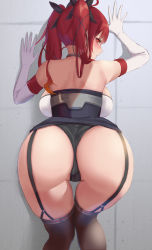 Rule 34 | 1girl, absurdres, against wall, ass, ass focus, azur lane, backboob, black panties, blush, breasts, clothes lift, elbow gloves, garter straps, gloves, hair ribbon, highres, honolulu (azur lane), large breasts, looking at viewer, looking back, panties, parted lips, profile, red eyes, red hair, ribbon, satou aji, skirt, skirt lift, solo, thighhighs, twintails, underwear, white gloves