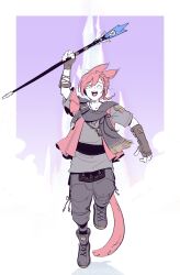 Rule 34 | 1boy, animal ears, artist name, baggy pants, boots, braid, braided ponytail, brown gloves, cat boy, cat ears, cat tail, closed eyes, final fantasy, final fantasy xiv, fingerless gloves, full body, g&#039;raha tia, gloves, grey shirt, highres, holding, holding staff, jewelry, jumping, male focus, miqo&#039;te, necklace, open mouth, pants, purple background, red hair, robodumpling, scarf, shirt, short hair, short sleeves, single braid, staff, tail, white background