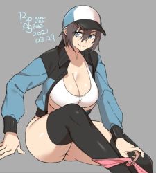 Rule 34 | 1girl, 2021, agawa ryou, artist name, breasts, brown hair, dated, grey background, jacket, large breasts, looking at viewer, original, panties, panty pull, pink panties, short hair, signature, simple background, sitting, smile, solo, thick thighs, thighs, underwear
