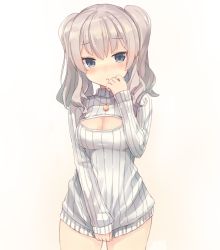 Rule 34 | 10s, 1girl, blush, breasts, cleavage, covering privates, covering crotch, female focus, grey eyes, isegawa yasutaka, jewelry, kantai collection, kashima (kancolle), large breasts, long hair, looking at viewer, meme attire, necklace, no pants, open-chest sweater, ribbed sweater, silver hair, solo, sweater, turtleneck, twintails, wavy hair