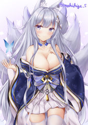 Rule 34 | 1girl, absurdres, animal ear fluff, animal ears, artist name, azur lane, bare shoulders, breasts, bug, butterfly, cleavage, closed mouth, commentary, cowboy shot, detached collar, fox ears, fox girl, frilled skirt, frills, gold trim, grey hair, hair between eyes, hair ornament, hair over shoulder, hairclip, hand on own chest, highres, insect, kitsune, large breasts, legs apart, light blush, long sleeves, looking at viewer, makihige, mole, mole under eye, off shoulder, purple eyes, shinano (azur lane), sidelocks, skirt, smile, tassel, thighhighs, thighs, white skirt, white thighhighs, wide sleeves