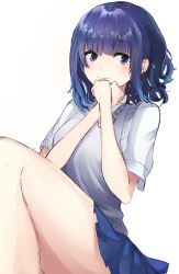 Rule 34 | 1girl, bad id, bad pixiv id, blue eyes, blue hair, blue skirt, blush, breasts, closed mouth, collared shirt, commentary request, crossed wrists, hands up, highres, knees up, looking at viewer, original, pleated skirt, poono, school uniform, shirt, short sleeves, simple background, sitting, skirt, small breasts, solo, sweater vest, white background, white shirt