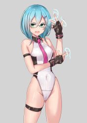 Rule 34 | 1girl, arm strap, blue hair, blush, breasts, cameltoe, covered navel, dead or alive, dead or alive 6, female focus, fingerless gloves, glasses, gloves, green eyes, grey background, gtgt nishiteyaru, hair between eyes, hair ornament, hairclip, highres, leotard, medium breasts, nico (doa), open mouth, shiny skin, short hair, simple background, thigh strap