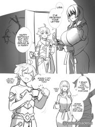 Rule 34 | aether (genshin impact), ahoge, braid, braided ponytail, cape, closed eyes, comic, commentary, cup, english commentary, english text, genshin impact, greyscale, highres, holding, holding cup, lisa (genshin impact), long hair, low ponytail, monochrome, open door, open mouth, pajamas, ponytail, short hair, single braid, smile, speech bubble, teabag, teacup, twitter username, yuushiba