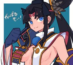 Rule 34 | 1girl, armor, black hair, blue eyes, breast curtains, breasts, detached sleeves, fate/grand order, fate (series), feather hair ornament, feathers, gloves, hacco mayu, hair bun, hair ornament, hat, highres, japanese armor, long hair, looking at viewer, medium breasts, parted bangs, side ponytail, sideboob, sidelocks, single side bun, smile, solo, translation request, ushiwakamaru (fate), very long hair, wide sleeves